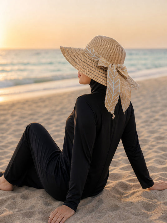 Straw Hat with Leaf Pattern Ribbon Detail Camel