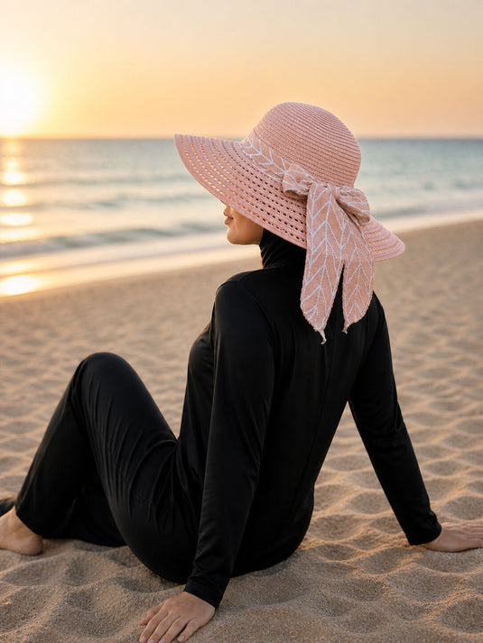Leaf Pattern Ribbon Detailed Straw Hat Powder Pink
