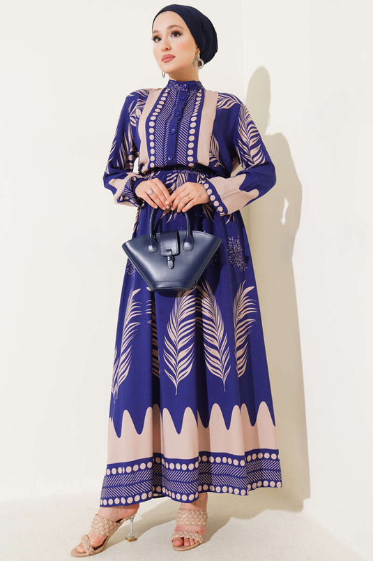 Vestido Con Cinturón Y Estampado De Hojas Azul Marino