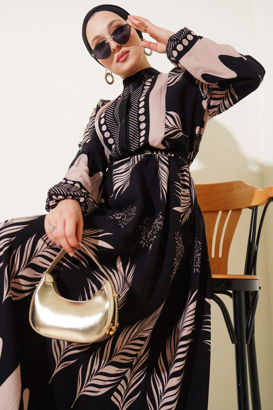 Robe ceinturée à motifs feuilles noir beige