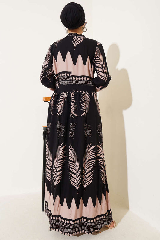 Robe ceinturée à motifs feuilles noir beige