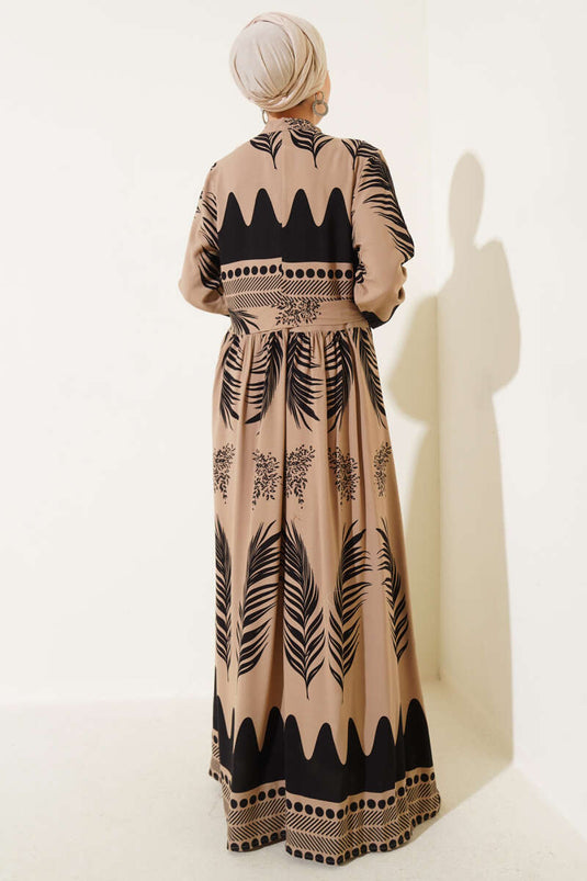 Vestido Con Cinturón Y Estampado De Hojas En Negro