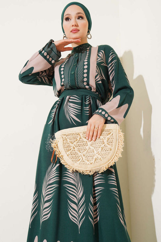 Robe ceinturée à motifs de feuilles émeraude