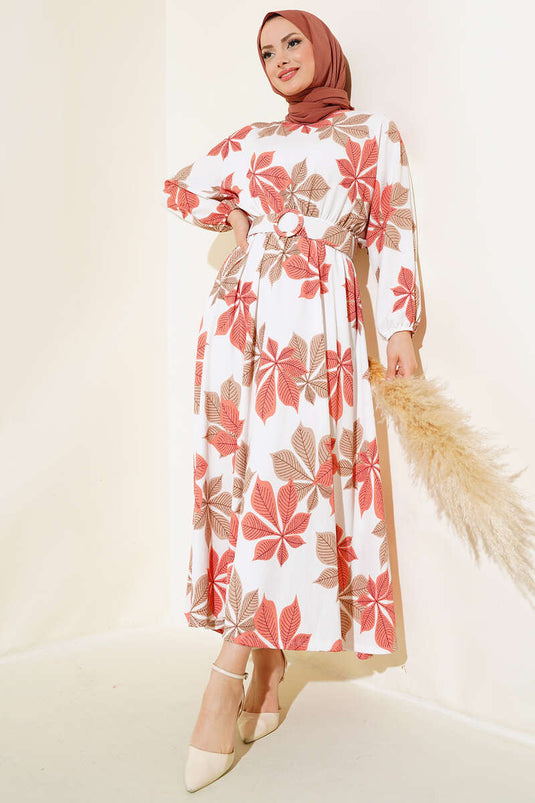 فستان مولانا منقوش بأوراق شجر وردي مغبر