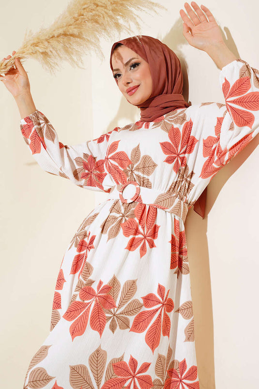 فستان مولانا منقوش بأوراق شجر وردي مغبر