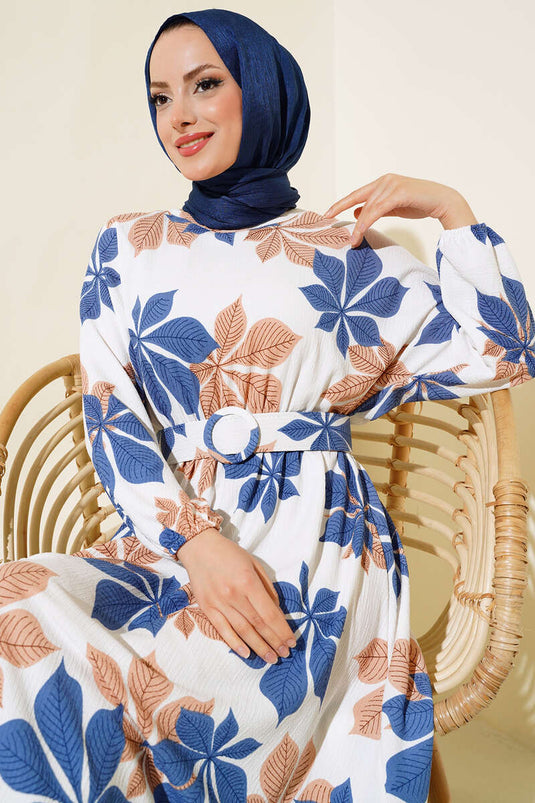 Robe Mevlana à Motifs Feuilles Indigo