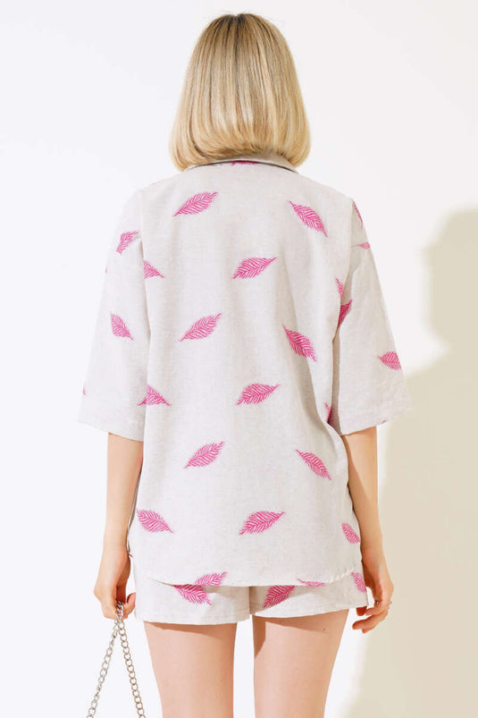 Ensemble deux pièces short à motif feuilles fuchsia