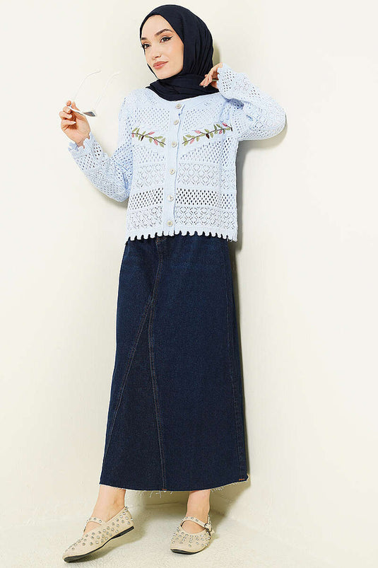 Leaf Embroidered Openwork Short Knit Cardigan Baby Blue