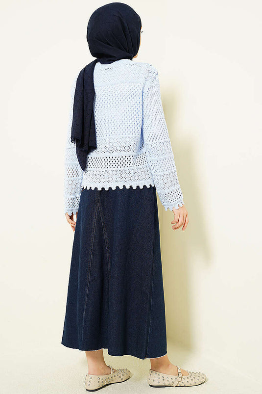 Leaf Embroidered Openwork Short Knit Cardigan Baby Blue