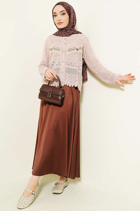 Cardigan corto in maglia traforata con ricamo a foglia, colore polvere