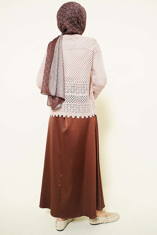 Cardigan corto in maglia traforata con ricamo a foglia, colore polvere