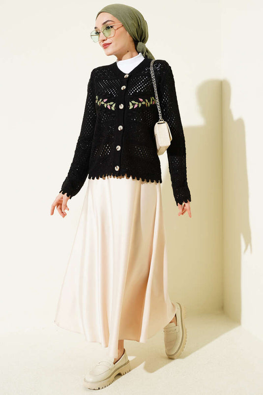 Cardigan court en tricot ajouré avec broderie feuille noir