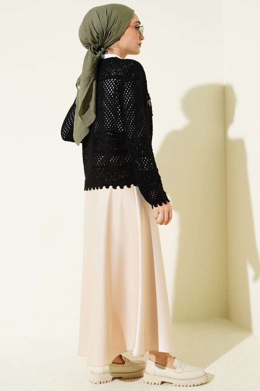 Cardigan court en tricot ajouré avec broderie feuille noir