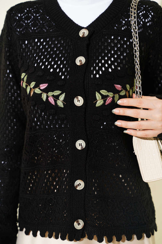Cardigan court en tricot ajouré avec broderie feuille noir
