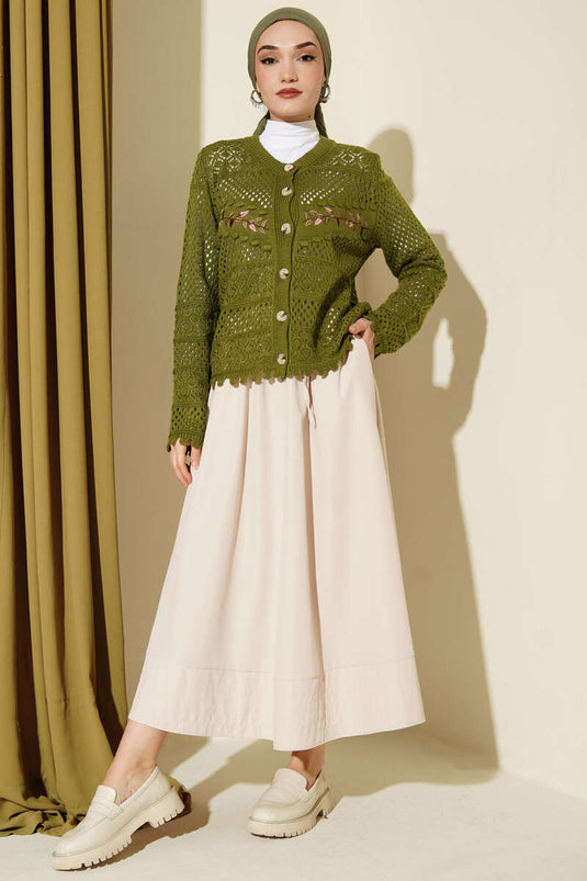 Cardigan court en tricot ajouré avec broderie feuille, vert