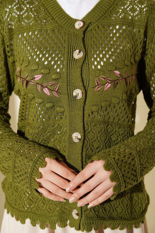 Cardigan court en tricot ajouré avec broderie feuille, vert