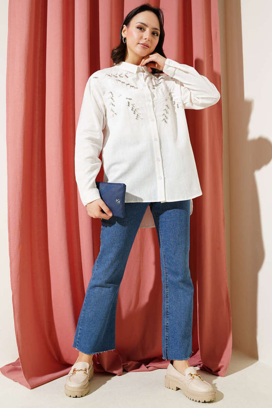 Leaf Embroidered Stoned Shirt Ecru