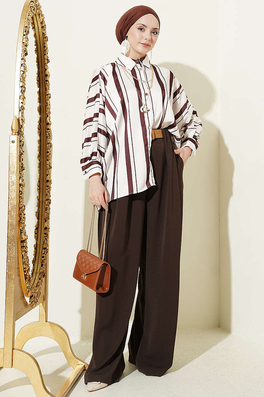 Asymmetrical Striped Satin Shirt With Batwing Sleeves In Coffee