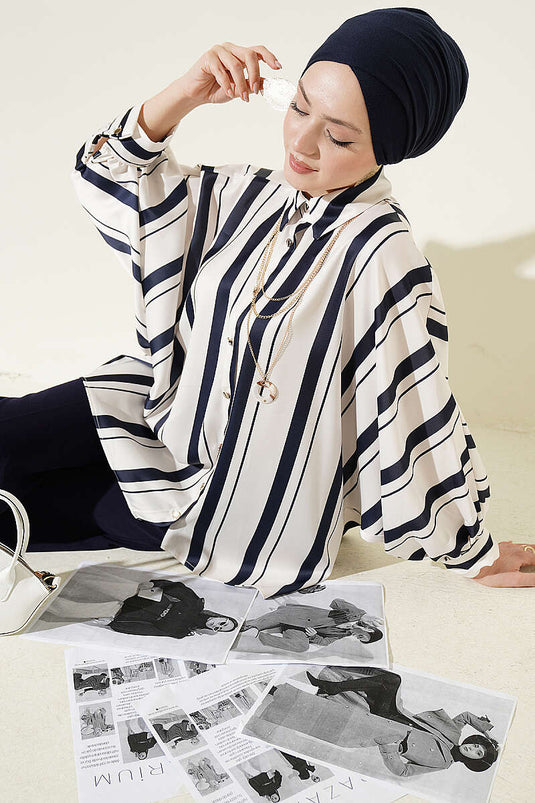 Asymmetrische Batwing Streep Satijnen Shirt Navy