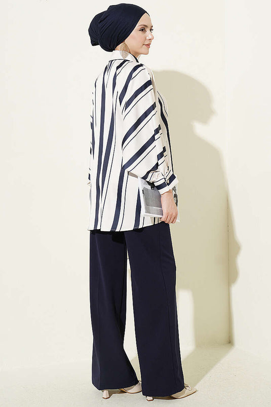 Asymmetrische Batwing Streep Satijnen Shirt Navy