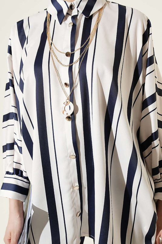 Asymmetrische Batwing Streep Satijnen Shirt Navy