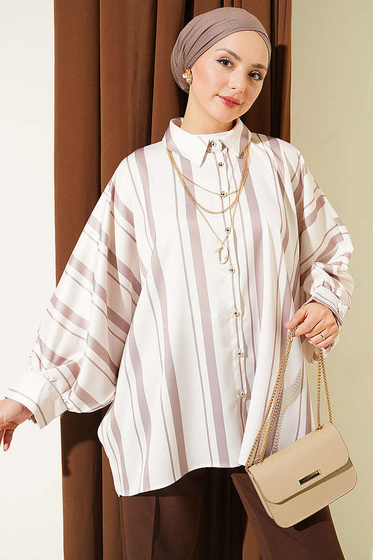 Asymmetrical Batwing Stripe Satin Shirt In Mink