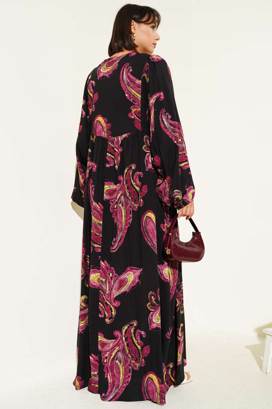 Yarasa Kol Bağcıklı Desenli Elbise Bordo