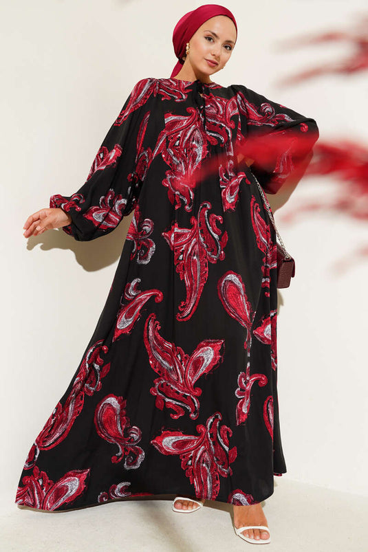 Yarasa Kol Bağcıklı Desenli Elbise Mürdüm