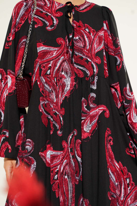 Yarasa Kol Bağcıklı Desenli Elbise Mürdüm