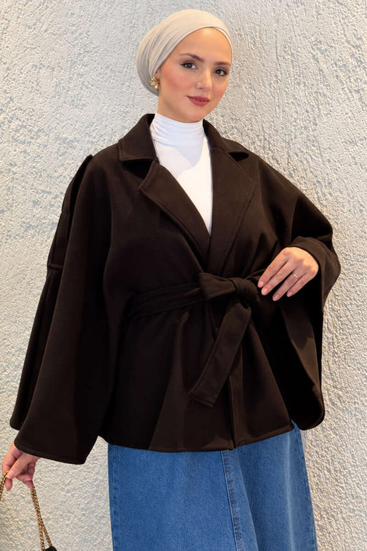 Cappotto Poncho Marrone Con Maniche A Pipistrello E Dettaglio A Nodi