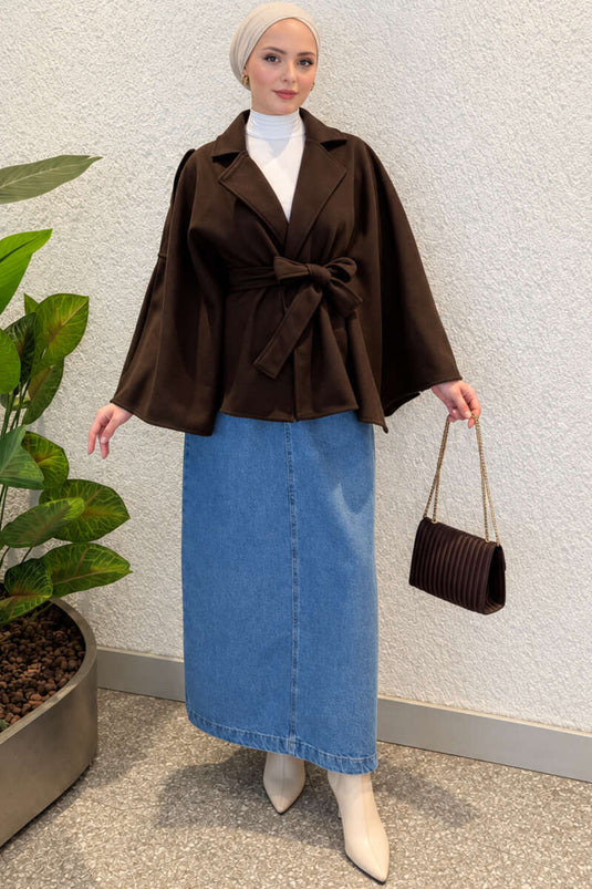 Cappotto Poncho Marrone Con Maniche A Pipistrello E Dettaglio A Nodi