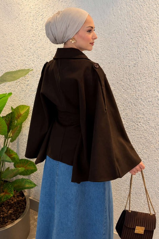 Cappotto Poncho Marrone Con Maniche A Pipistrello E Dettaglio A Nodi