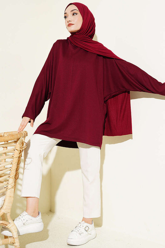 Batwing Sleeve Basic Loyşa Tunic Burgundy