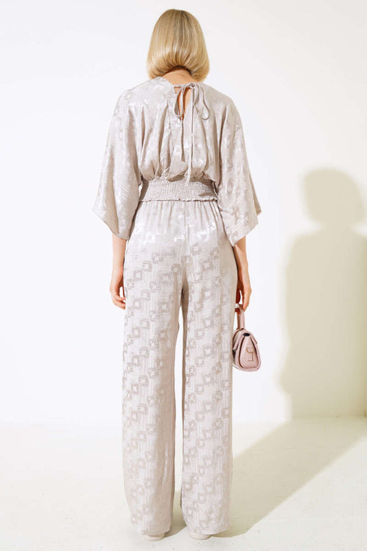 Batwing Sleeve Elastic Waist Jacquard Two Piece Set Stone