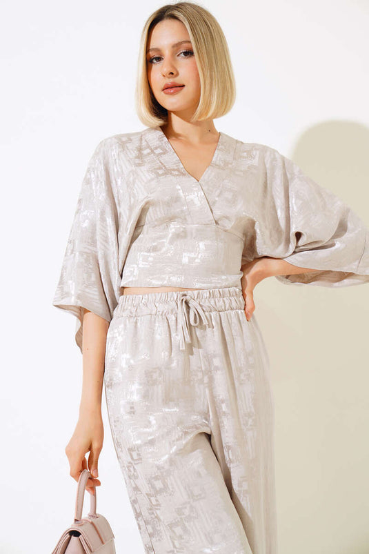 Batwing Sleeve Elastic Waist Jacquard Two Piece Set Stone