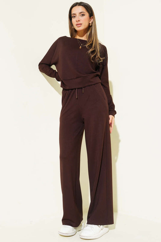 Yarasa Kol Bluzlu Loyşa İkili Takım Kahve