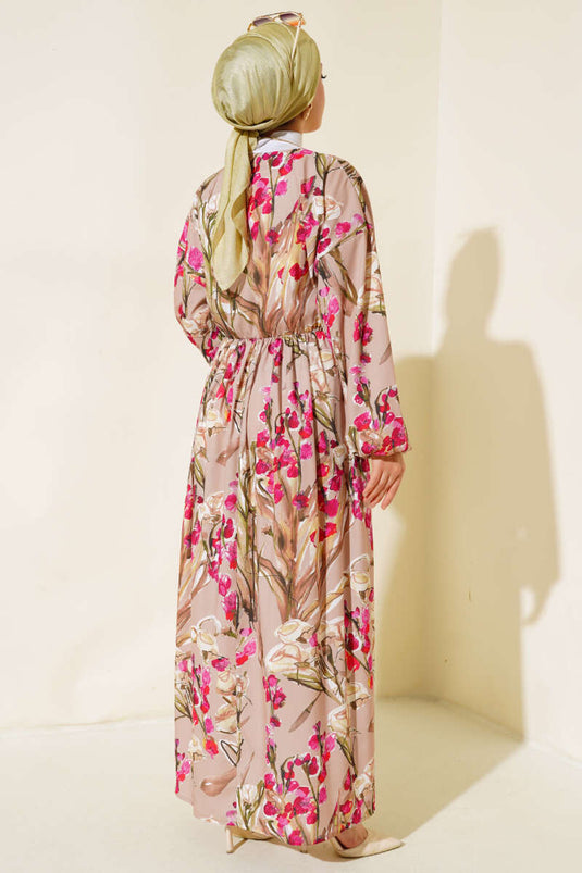 Yarasa Kol Çiçek Desenli Elbise Bej