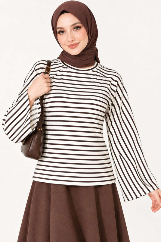 Blouse À Manches Batwing Rayée Marron