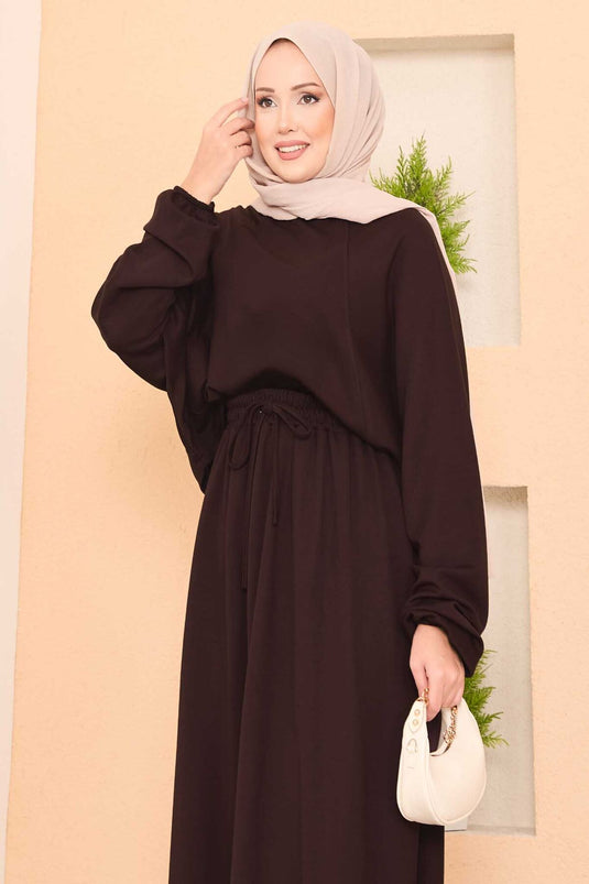 Batwing Sleeve Crop Skirt Hijab Suit Brown
