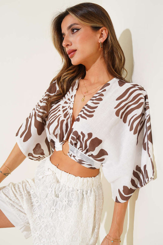 Chemisier en lin à manches chauve-souris, marron