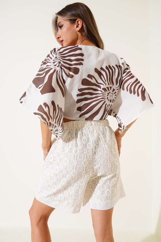 Chemisier en lin à manches chauve-souris, marron