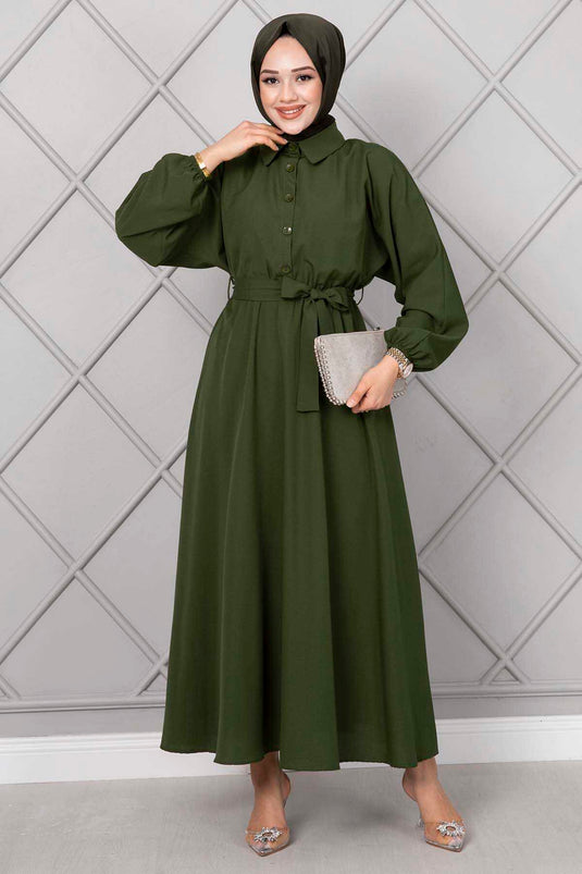 Robe Longue Hijab avec Boutons de Manchette Chauve-Souris Kaki