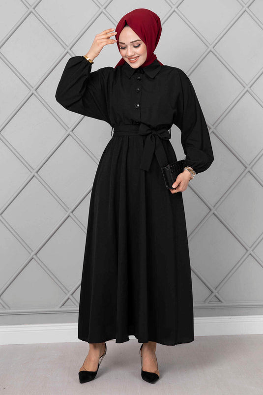 Robe Longue Hijab avec Boutons de Manchette Chauve-Souris Noir