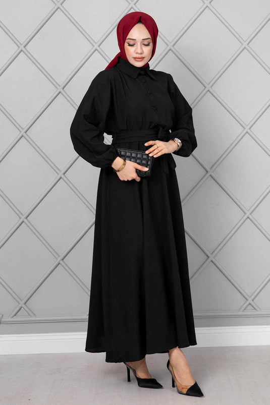 Robe Longue Hijab avec Boutons de Manchette Chauve-Souris Noir