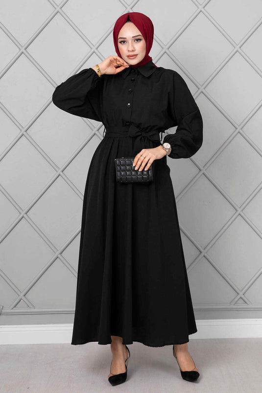 Robe Longue Hijab avec Boutons de Manchette Chauve-Souris Noir