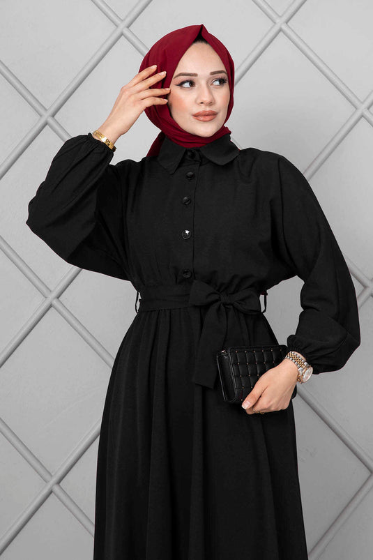 Robe Longue Hijab avec Boutons de Manchette Chauve-Souris Noir