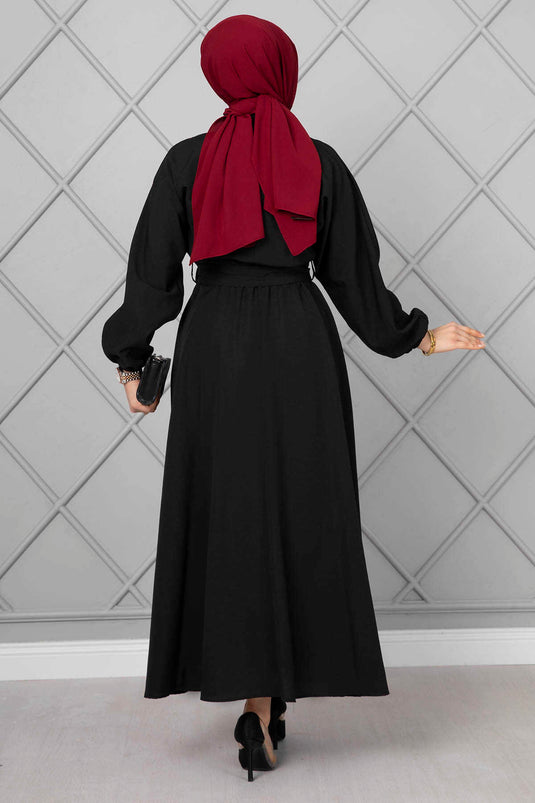 Robe Longue Hijab avec Boutons de Manchette Chauve-Souris Noir