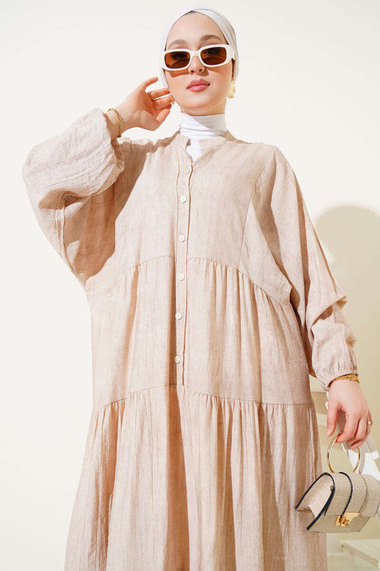 Fledermausärmel Knopf Kleid Beige