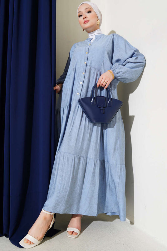 Fledermausärmel Knopf Kleid Eisblau