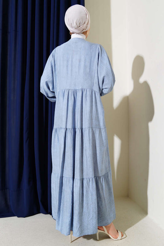 Fledermausärmel Knopf Kleid Eisblau